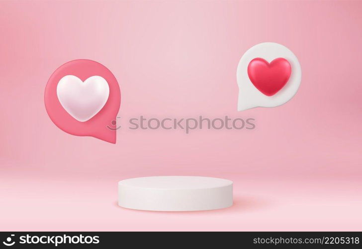 3d mock up Stage podium decorated with heart shape. Background for birthday, anniversary, sale, wedding. Web banner. Valentine concept. Vector illustration. Stage podium with heart