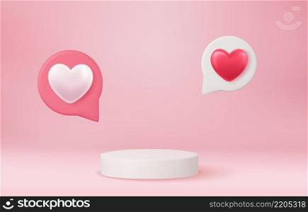 3d mock up Stage podium decorated with heart shape. Background for birthday, anniversary, sale, wedding. Web banner. Valentine concept. Vector illustration. Stage podium with heart