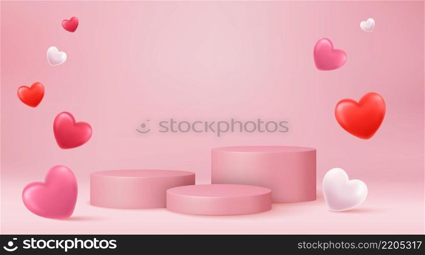3d mock up Stage podium decorated with heart shape balloons. Background for birthday, anniversary, sale, wedding. Web banner. Valentine concept. Vector illustration. Stage podium with heart