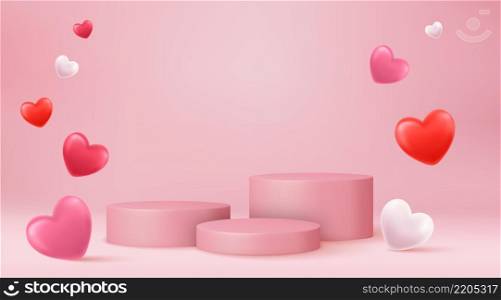 3d mock up Stage podium decorated with heart shape balloons. Background for birthday, anniversary, sale, wedding. Web banner. Valentine concept. Vector illustration. Stage podium with heart