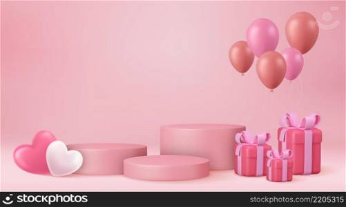 3d mock up Stage podium decorated with heart shape balloons and with gift box. Background for birthday, anniversary, sale, wedding. Web banner. Valentine concept. Vector illustration. Stage podium with heart