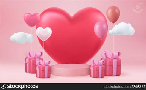 3d mock up Stage podium decorated with heart shape balloons and with gift box. concept scene stage showcase, product, love, promotion sale, presentation, wedding. 3D render. Vector illustration. Stage podium with heart