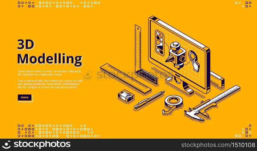 3D modelling banner. Software for digital render object, development design for print. Vector landing page with isometric model on computer screen and measure tools on yellow background. Vector landing page of 3D modelling