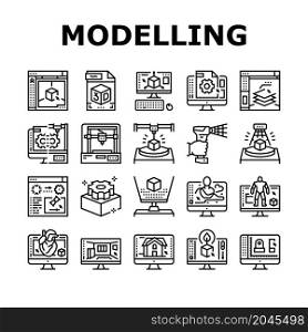 3d Modelling Software And Device Icons Set Vector. 3d Modelling Computer Program For Interior Visualization And Architecture Exterior, Scanning And Printing Black Contour Illustrations. 3d Modelling Software And Device Icons Set Vector