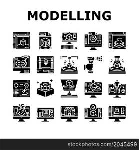 3d Modelling Software And Device Icons Set Vector. 3d Modelling Computer Program For Interior Visualization And Architecture Exterior, Scanning And Printing Glyph Pictograms Black Illustrations. 3d Modelling Software And Device Icons Set Vector