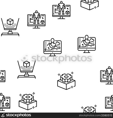 3d Modelling Software And Device Vector Seamless Pattern Thin Line Illustration. 3d Modelling Software And Device Vector Seamless Pattern