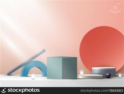 3D modern group geometric forms composition on stage for product display minimal scene background. Vector illustration