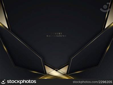 3D modern luxury banner template design black geometric and shiny golden line with lighting sparking on dark background. Vector graphic illustration