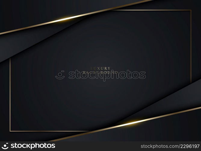 3D modern luxury banner template design black stripes and golden glitter gold line light sparking on dark background. Vector graphic illustration