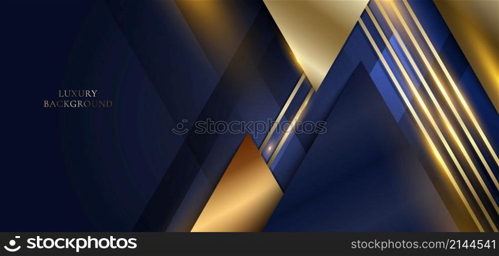 3D modern luxury banner template design blue and golden triangle stripes lines with light sparking on dark blue background. Vector graphic illustration