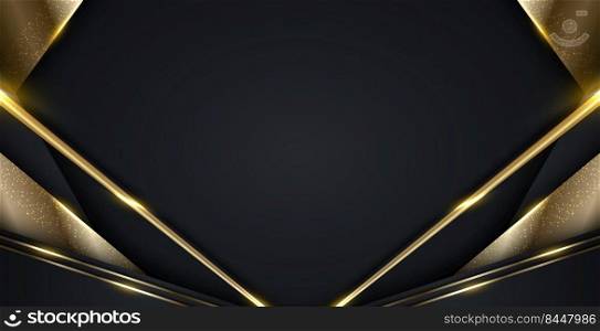 3D modern luxury banner web template design black and gold stripes with golden glitter line light sparking on dark background. Vector graphic illustration