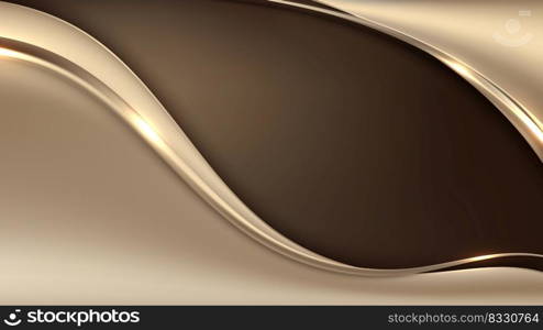 3D modern luxury banner web template design golden wave shapes and gold lines with light sparking on brown background. Vector graphic illustration