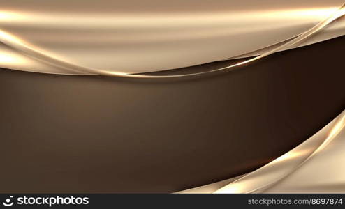 3D modern luxury banner web template design golden wave shapes and gold lines with light sparking on brown background. Vector graphic illustration