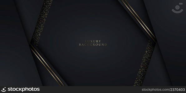 3D modern luxury template banner design black and gold stripes with golden glitter line light sparking on dark background. Vector graphic illustration