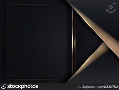 3D modern luxury template design black and gold stripes with golden frame line and light sparking on dark background. Vector graphic illustration