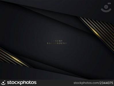 3D modern luxury template design black and gold stripes with golden glitter line light sparking on dark background. Vector graphic illustration