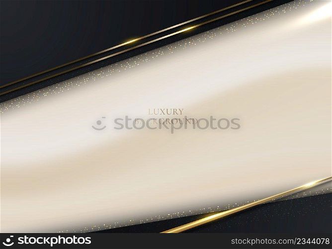 3D modern luxury template design black and gold stripes with golden glitter line light sparking on cream background. Vector graphic illustration
