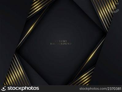 3D modern luxury template design black and gold stripes with golden glitter line light sparking on dark background. Vector graphic illustration