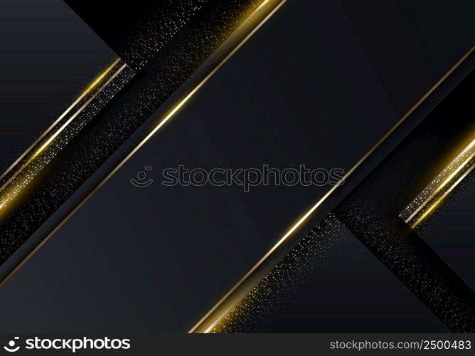 3D modern luxury template design black and golden squares stripes with gold glitter line light sparking on dark background. Vector graphic illustration