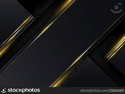 3D modern luxury template design black and golden squares stripes with gold glitter line light sparking on dark background. Vector graphic illustration