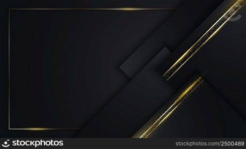3D modern luxury template design black and golden squares stripes with gold glitter line light sparking on dark background. Vector graphic illustration