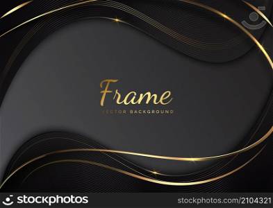 3D modern luxury template design black and grey curved shape and golden curved line background. Vector illustration