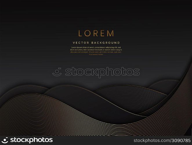 3D modern luxury template design black and grey curved shape and golden curved line background. Vector illustration