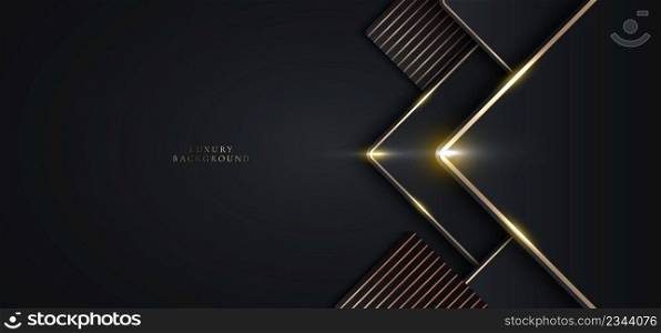 3D modern luxury template design black geometric squares and golden glitter stripes line light sparking on dark background. Vector graphic illustration