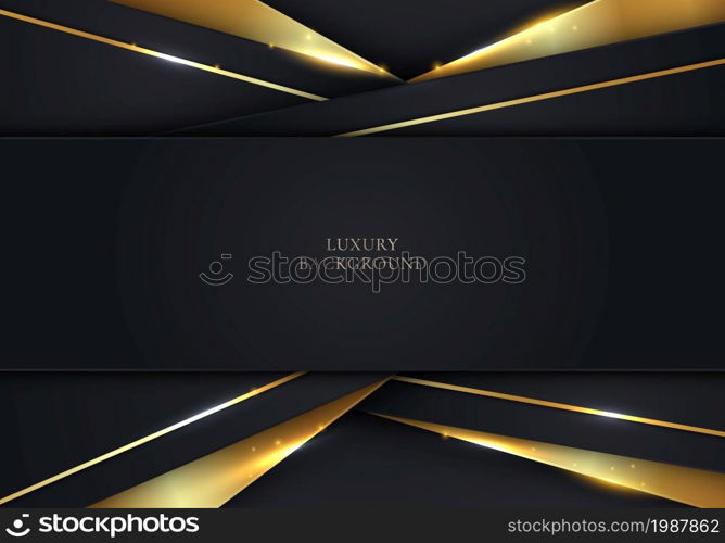 3D modern luxury template design black stripes and golden glitter line light sparking on dark background. Vector graphic illustration