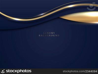 3D modern luxury template design blue and gold wave stripes with golden glitter line light sparking on blue background. Vector graphic illustration