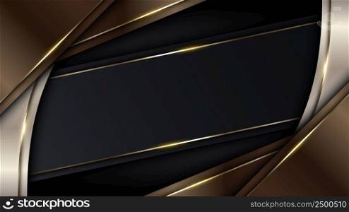 3D modern luxury template design brown and golden stripes with gold glitter line light sparking on black background. Vector graphic illustration