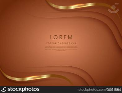 3D modern luxury template design gold curved shape and golden curved line on brown background. Vector illustration