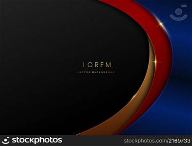 3D modern luxury template design gold, red and blue curved shape and golden curved line background. Vector illustration