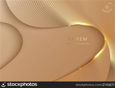 3D modern luxury template design golden wave stripes line with light glow effect on gold background. Vector illustration