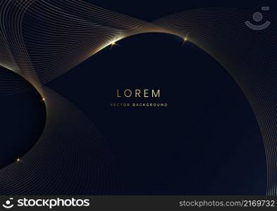 3D modern luxury template design golden wave stripes line with light glow effect on dark blue background. Vector illustration