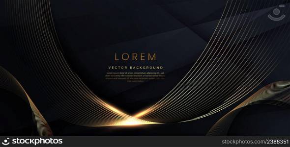3D modern luxury template design golden wave stripes line with light glow effect on black background. Vector illustration