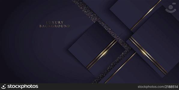 3D modern luxury template design purple triangles and golden glitter stripes line light sparking on dark background. Vector graphic illustration