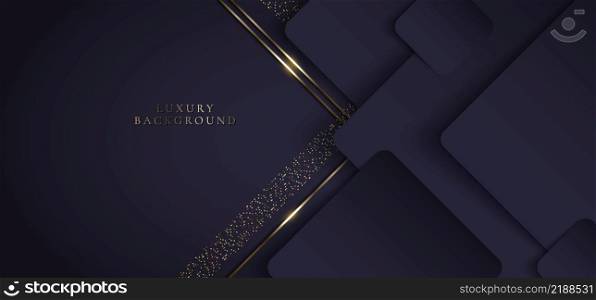 3D modern luxury template design purple triangles and golden glitter stripes line light sparking on dark background. Vector graphic illustration