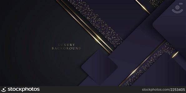 3D modern luxury template design purple triangles and golden glitter stripes line light sparking on black background. Vector graphic illustration