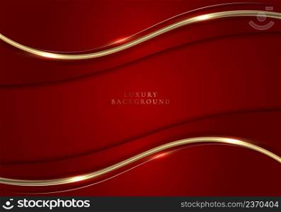 3D modern luxury template design red and gold wave stripes with golden glitter line light sparking on red background. Vector graphic illustration