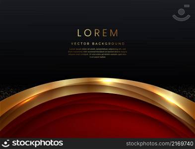 3D modern luxury template design red curved shape and golden curved line on black background. Vector illustration