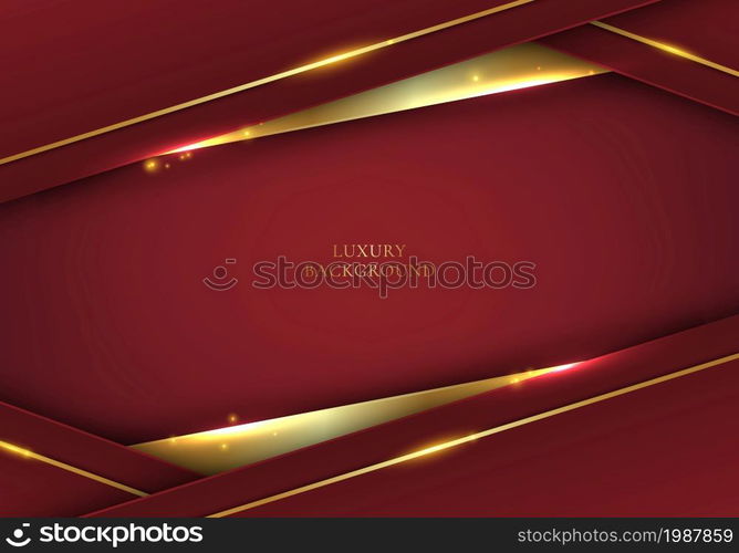 3D modern luxury template design red stripes and golden glitter line light sparking on red background. Vector graphic illustration