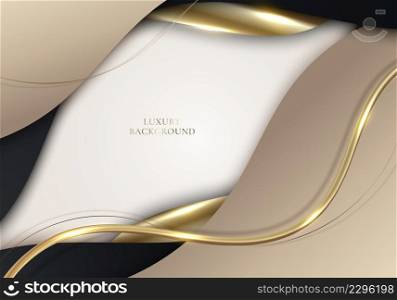3D modern luxury template design white, black, light brown curved shapes and golden glitter line light sparking on white background. Vector graphic illustration