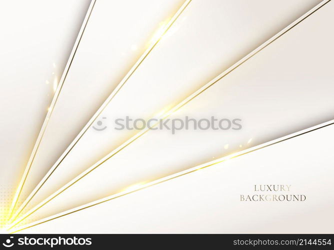 3D modern luxury template design white diagonal stripes pattern and golden glitter line light sparking on clean background. Vector graphic illustration