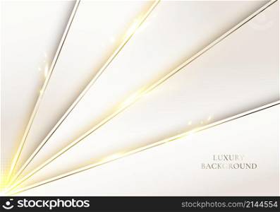 3D modern luxury template design white diagonal stripes pattern and golden glitter line light sparking on clean background. Vector graphic illustration