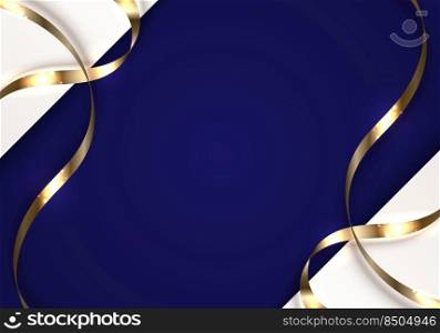 3D modern luxury template design white stripes with golden ribbon curly and lighting on blue background. Vector illustration