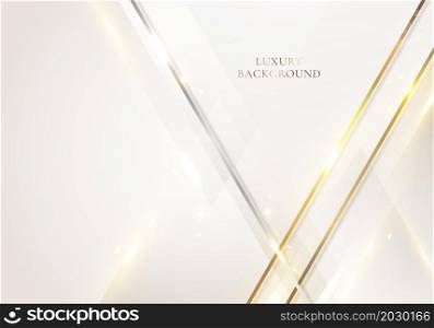 3D modern luxury template design white triangles stripes and golden glitter line light sparking on clean background. Vector graphic illustration