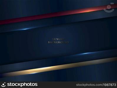 3D modern luxury template design with shiny blue, red diagonal stripes and golden line light sparking on dark blue background. Luxury premium style. Vector graphic illustration