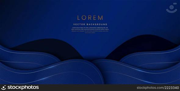 3D modern luxury template elegant dark blue color wave shape overlapping and golden curved line on dark blue background. Vector illustration