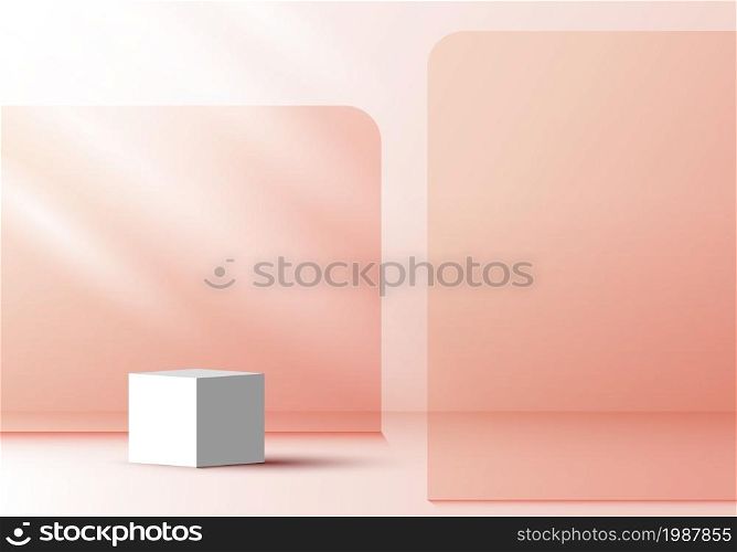 3D modern white cube podium with beige glass transparency backdrop minimal wall scene background for product display presentation. Vector graphic illustration